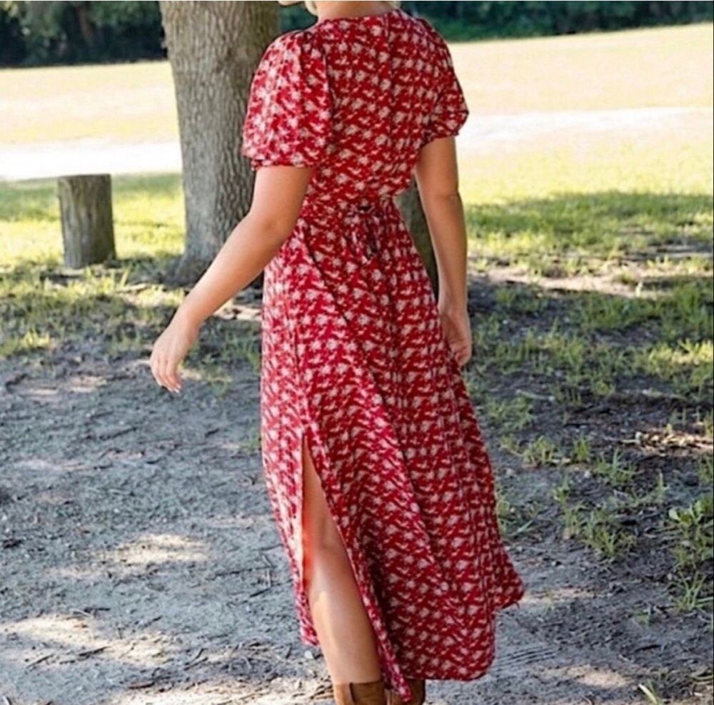 Natural Life Sophia Ditsy Floral Boho Wrap Maxi Dress in Red Size L - Picture 2 of 12